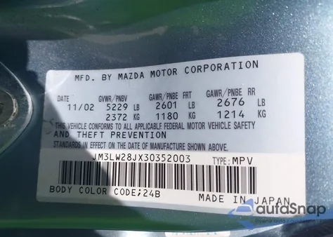 2003 Mazda Mpv Es/Lx/Lx-Sv from USA, damaged, VIN JM3LW28JX30352003